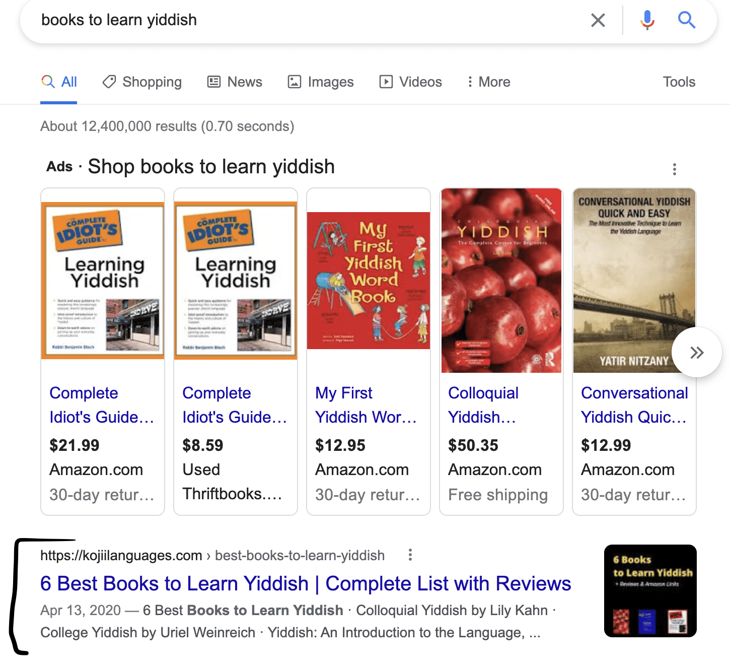 example of kojii ranking on google for books to learn yiddish